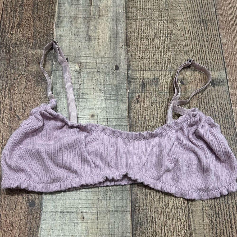 Free People Intimately Mauve Ribbed Bralette Medium M Ruched Lettuce Edge Crop